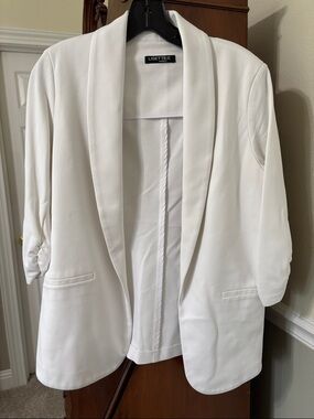 *Lisette White Open-Front Blazer Jacket 3/4 Ruched Sleeves Classic Spring Summer